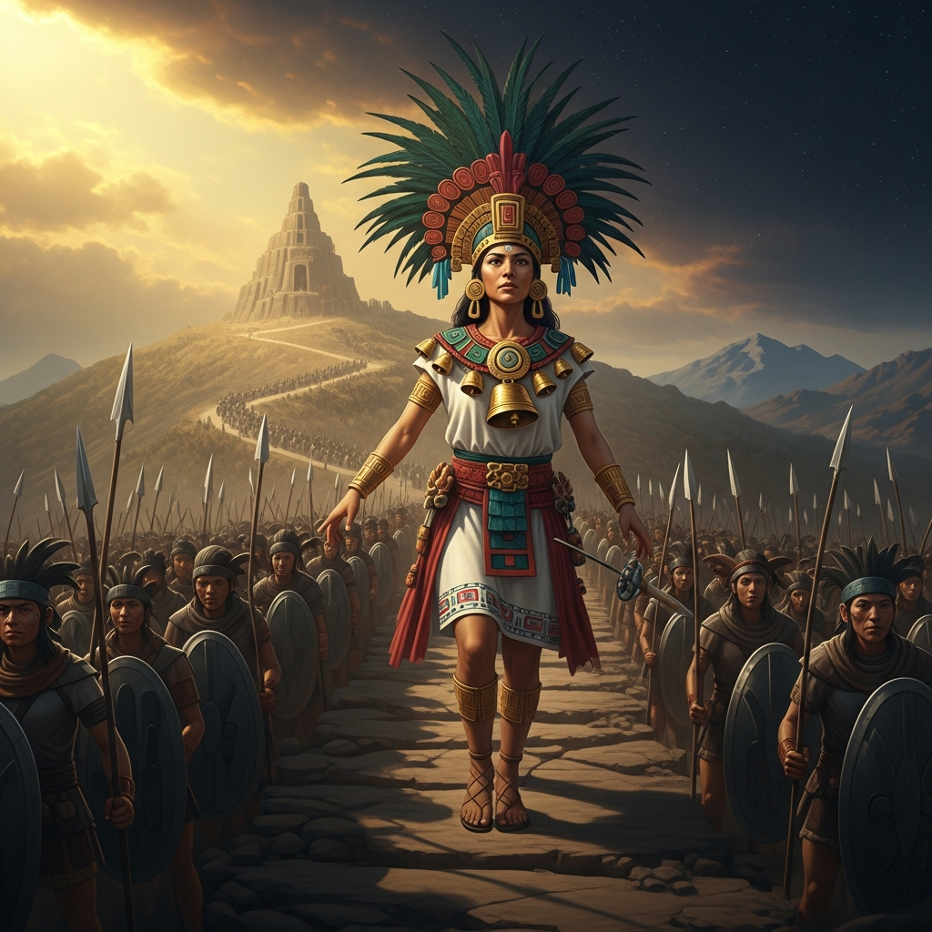Coyolxauhqui leads the four hundred Huitznahua up the switchbacks of Coatepec in war formation. The gold bells at her cheeks catch the starlight. She is magnificent. She is certain. She does not yet know what is waiting for her at the summit.