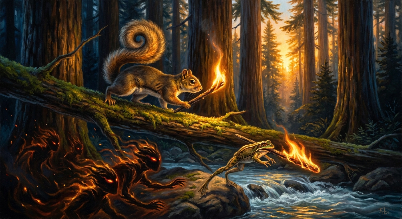 The relay down the slope. Squirrel's tail curls back over his spine in the heat. Frog leaps for the river with the brand in his mouth and the Fire Beings closing on his tail.