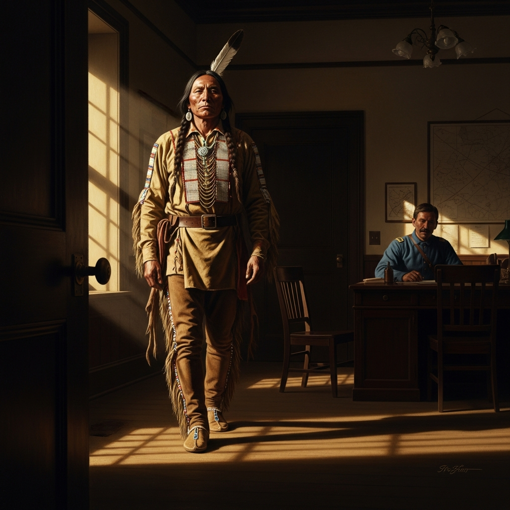 Fort Robinson, September 5, 1877. Crazy Horse is thirty-five years old. He walks into the adjutant's office. He does not know yet that it is a prison. He has never signed a treaty. There are no photographs of his face.