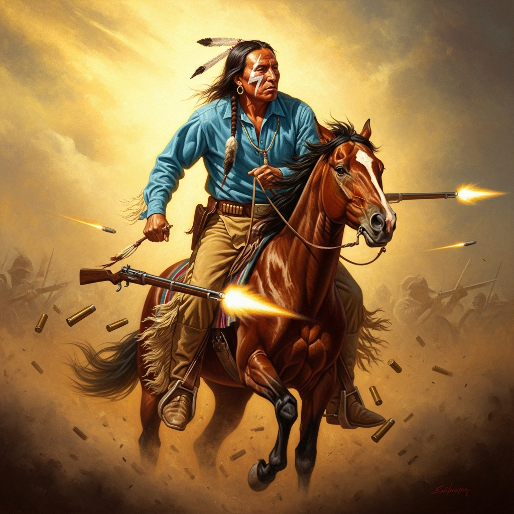 At Little Bighorn, Crazy Horse rides through the dust and smoke with his face painted — the zigzag lightning on one cheek, the hailstone dots. The stone is behind his ear. Bullets pass through the place where he was.