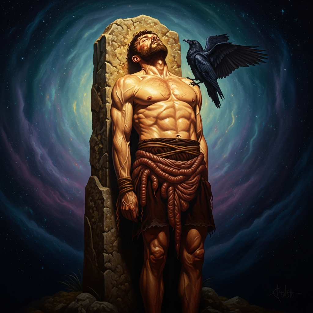 Cú Chulainn ties himself to the standing stone so he will die on his feet; a raven lands on his shoulder when it is over.