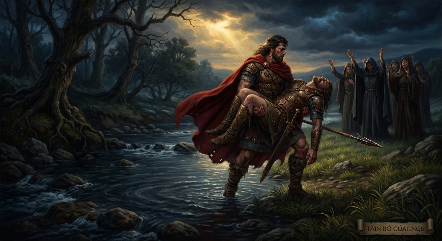 Ferdiad in the river, the Gáe Bolga done its work. Cú Chulainn carrying him to the bank. The lament that still survives in the manuscripts.