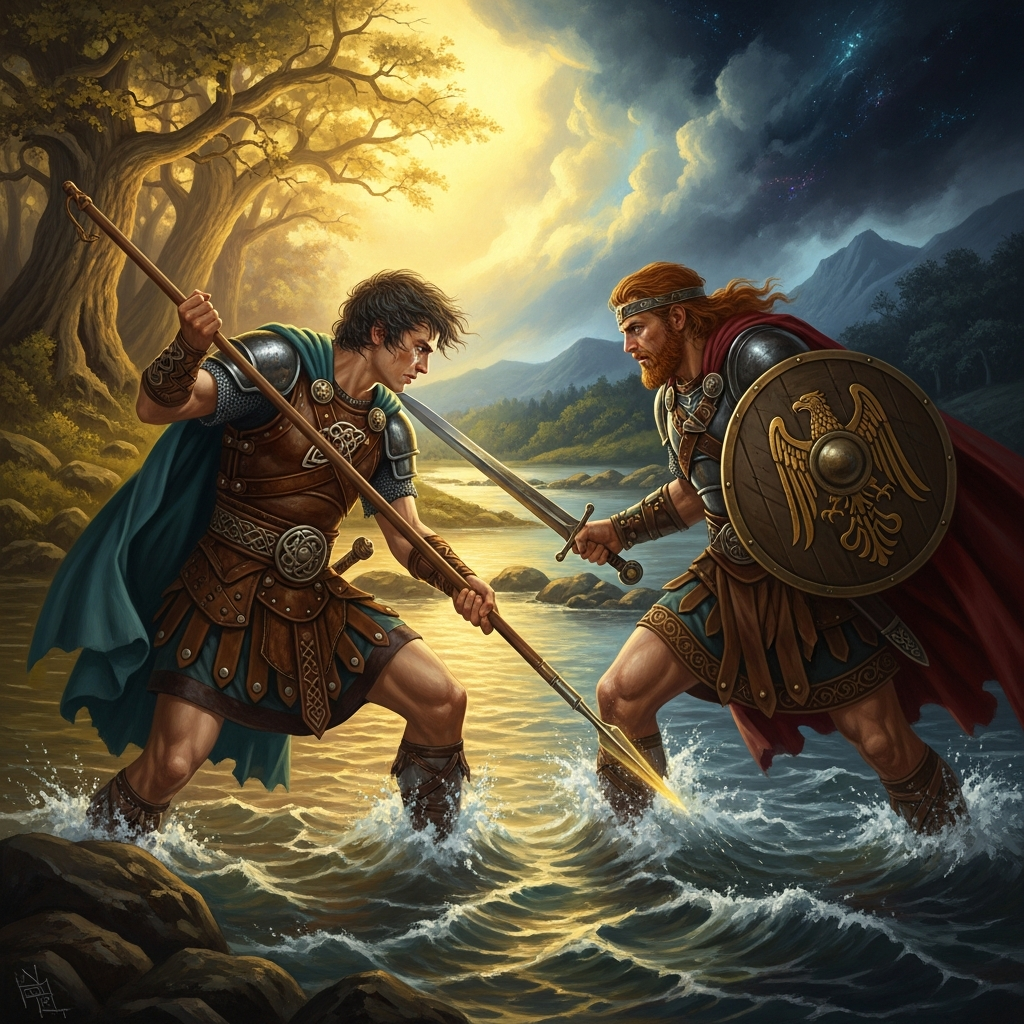 The fourth dawn at the ford. Ferdia in his horn-skin armour on one bank; Cu Chulainn, unwashed, unslept, on the other. Between them the river runs shallow. They have shared food and healing herbs across it for three nights. Today they will not.