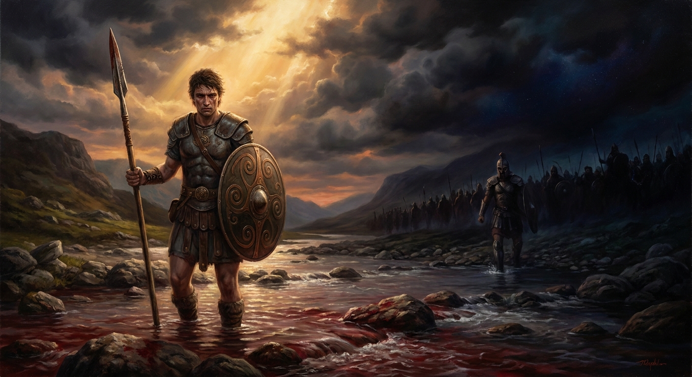 The boy at the ford. Alone. The army of Connacht waits on the far bank, sending one champion at a time, and one at a time he kills them.