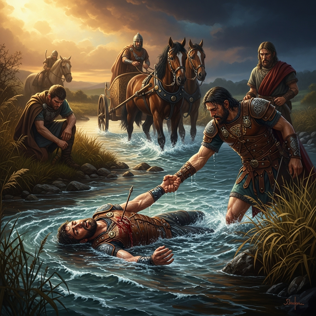 Ferdia face-down in the current, the Gae Bolga done its work. Cu Chulainn wading in to carry him to the bank. The charioteers of both sides stand silent in the reeds.