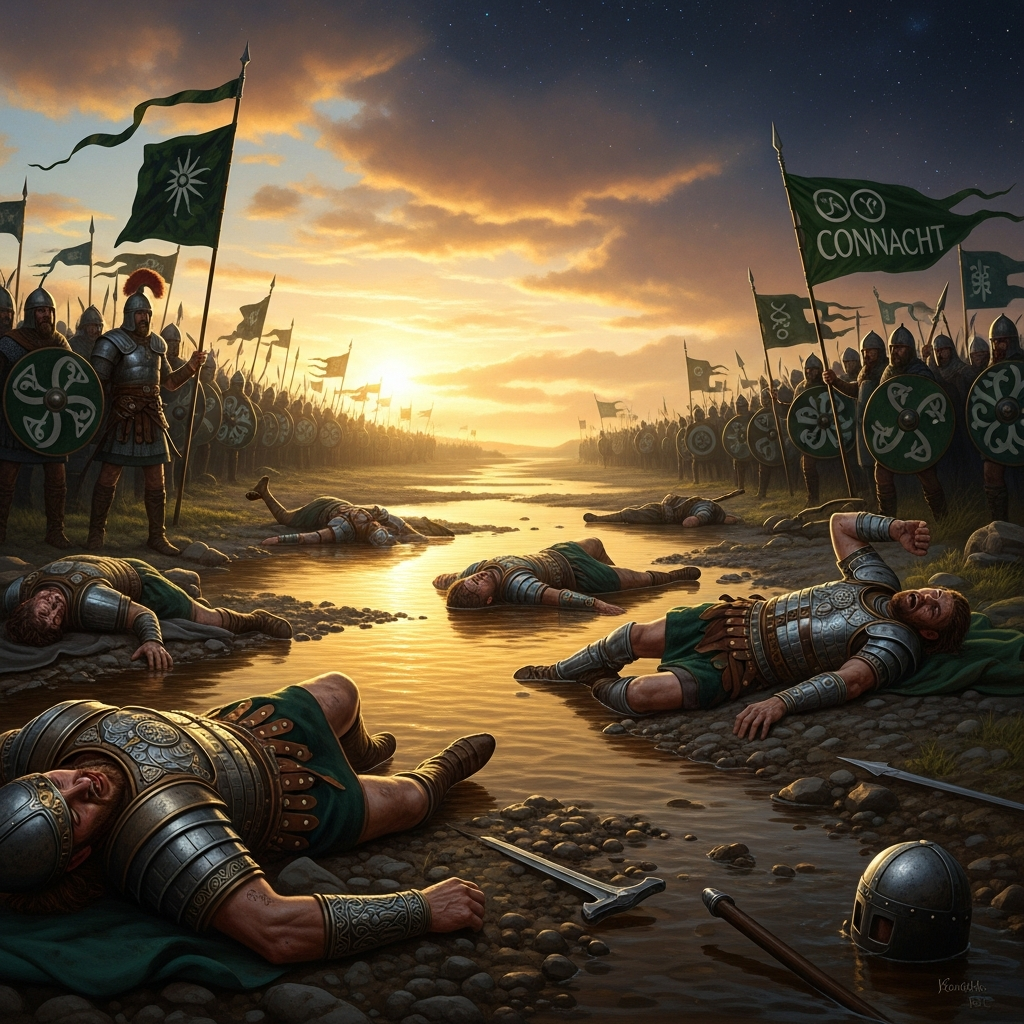 Champion after champion wading to the ford and failing. The army of Connacht watches from the western bank. The ford is shallower at the end of each day than it was at dawn.