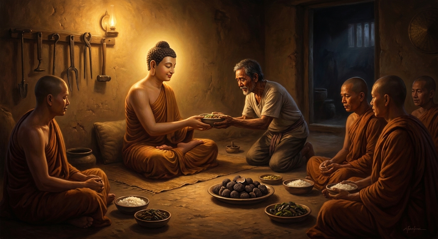 Cunda the smith serves the Buddha his final meal — sukara-maddava, 'pig's delight,' perhaps mushrooms, perhaps something else. The Buddha instructs him: tell no one this meal harmed him. His generosity is equal to any other donor's.