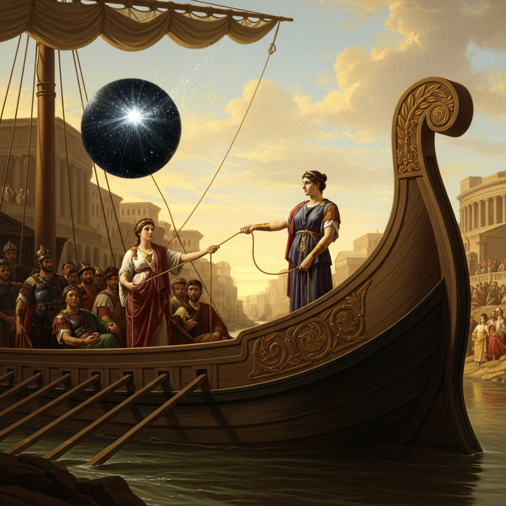 Claudia Quinta standing at the prow of the ship on the Tiber, the black meteoric stone of Cybele behind her, the rope in her hands — the most virtuous Roman woman pulling the Great Mother into the city while the Senate watches from the bank.