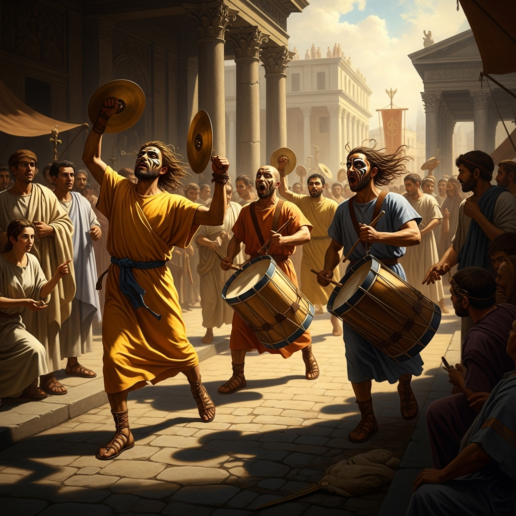 The Galli of Cybele in full procession through Rome: castrated priests in saffron robes, cymbals crashing, drums beating, their faces painted, their long hair unbound — the most foreign and the most visible religious cult in Roman public life.