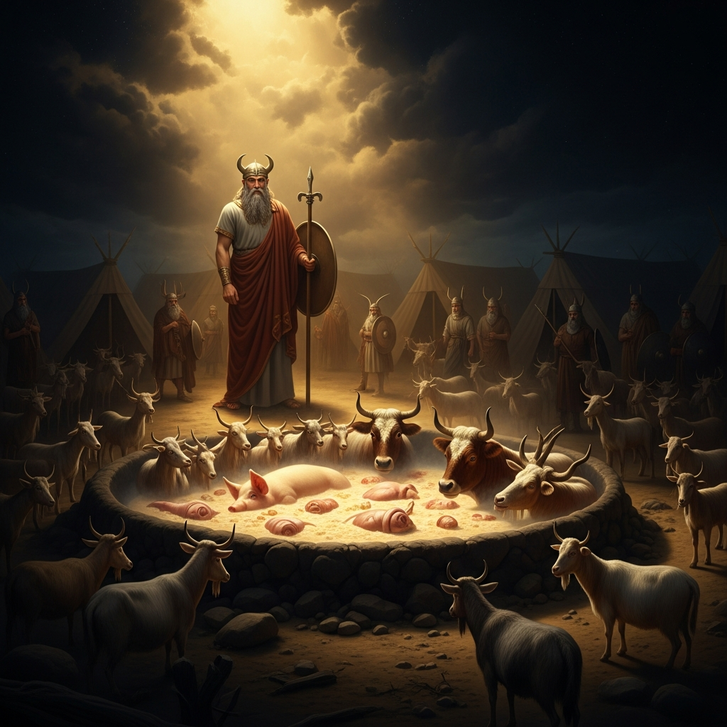 The pit in the ground at the Fomorian camp: twenty measures of new milk, a whole pig, a whole ox, and many goats boiled together in the porridge. The cauldron is the size of a small house. The Dagda's ladle is the size of a man and woman lying together. He eats. The Fomorians watch.