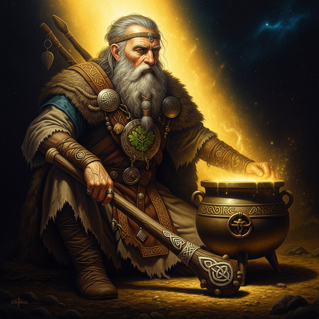 The Dagda's club on his shoulder, trailing behind him, scoring a track in the ground deep enough to be a territorial boundary. One end kills eight men; the other revives eight dead men. He carries both ends with him at all times.
