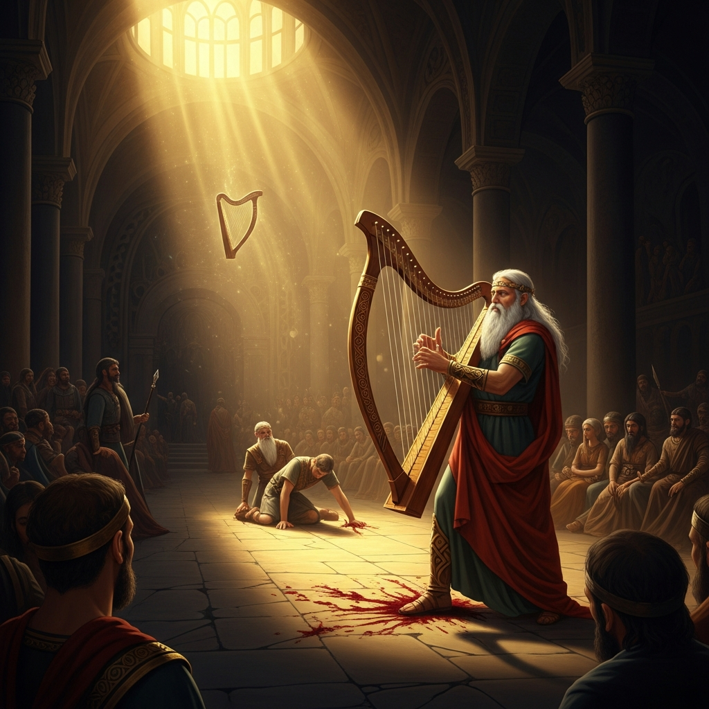 The Dagda calling his harp back from the Fomorians who stole it. The harp comes when he calls it, killing nine men on its way across the hall. He plays the three strains: grief-music, laughter-music, sleep-music. Everyone in the hall weeps, then laughs, then sleeps.
