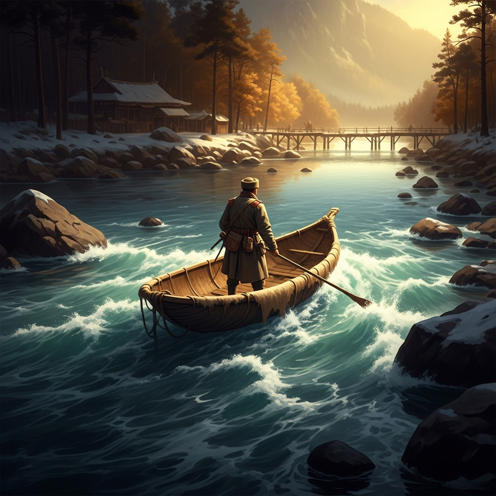 The crossing of the Kyichu River at Ramache, downstream of the Chinese garrison, on a coracle of yak-hide. The river is running high from snowmelt. He is wearing a soldier's coat and carrying nothing that identifies him.