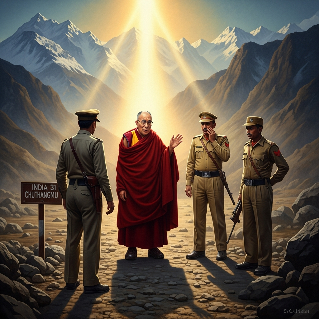 He crosses the Indian border at Chuthangmu on March 31, 1959. The Indian border guards do not recognize him. He tells them who he is. There is a long silence.