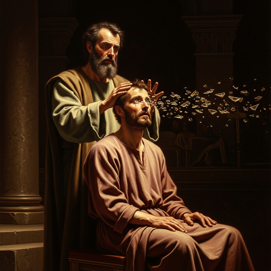 Ananias lays his hands on the man he feared above everyone — 'Brother Saul' — and something falls from Saul's eyes like shed skin.