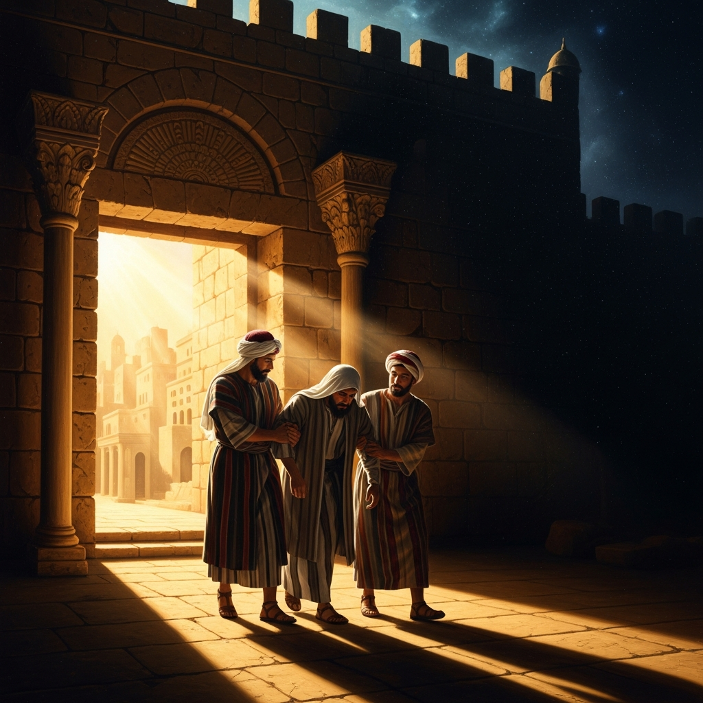 His companions lead him by the arm through the gate of Damascus — the man who rode in with arrest warrants now guided like a child into the city he came to seize.