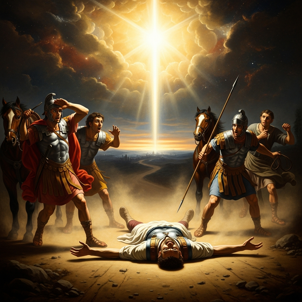 The midday light detonates above the road — Saul of Tarsus thrown to the ground, his companions frozen, the dust still rising around a prostrate man.