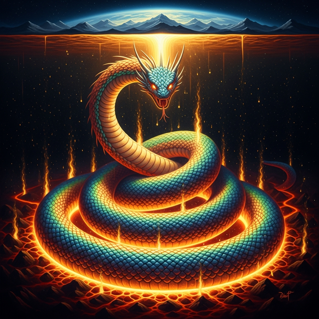 Dan Ayido Hwedo coils beneath the earth in the cosmic sea of iron, rainbow-scaled, vast, the mountains above the trace of his ancient turning. He holds everything. He must not grow too hot.
