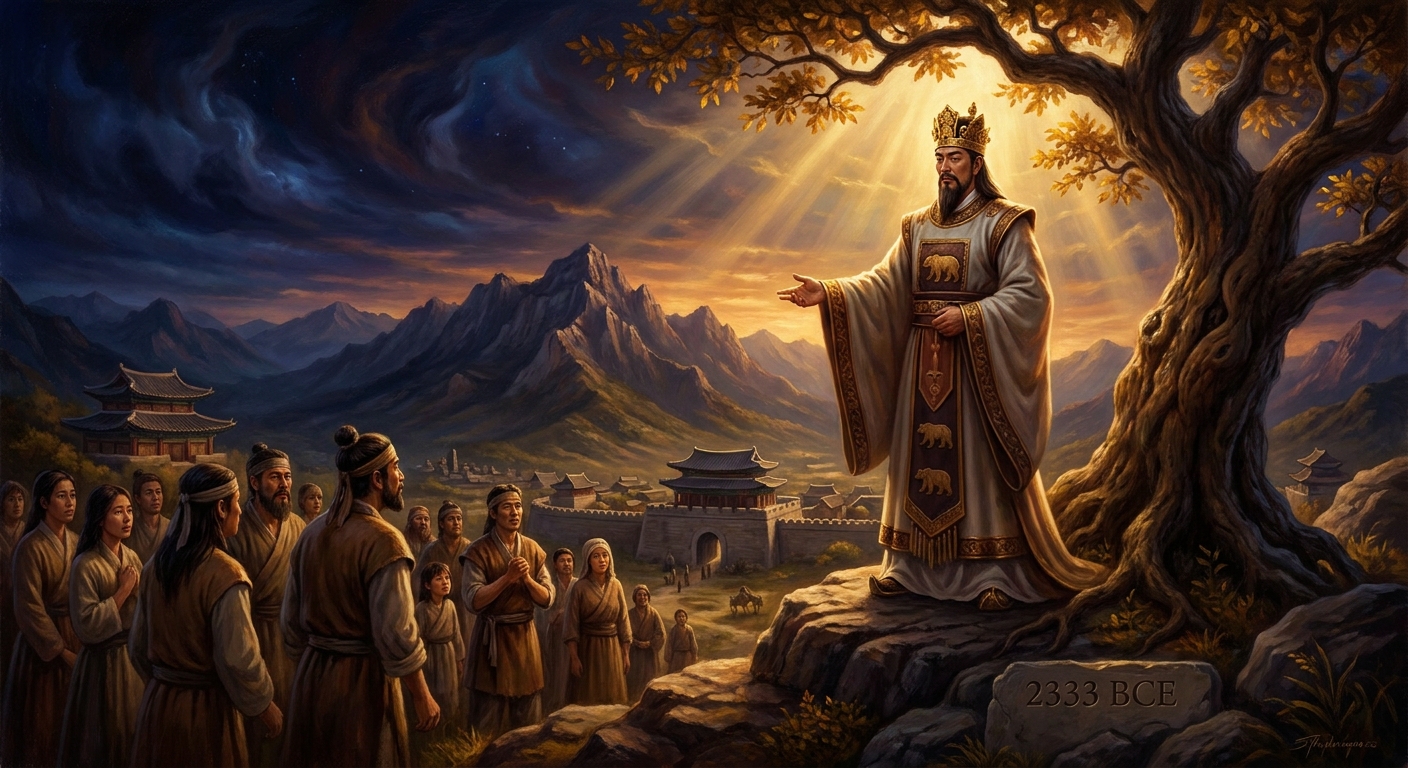 Dangun Wanggeom founds Gojoseon — the first Korean state — at Asadal in 2333 BCE by tradition. He rules for 1,500 years before retiring into the mountain to become its guardian spirit. October 3, the day his grandfather opened the heavens, remains a national holiday in modern Korea.