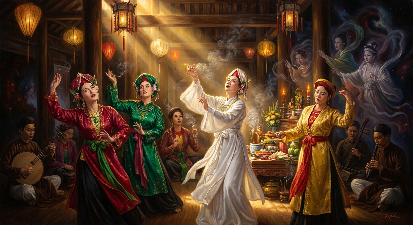 Đạo Mẫu — the Mother Goddess tradition, older than the imported Confucianism and Buddhism. Female mediums in costumes of red, green, white, and yellow channel the Four Palaces: Heaven, Earth, Water, and Forest. The Trungs entered this pantheon as protective spirits and have stayed for two thousand years.