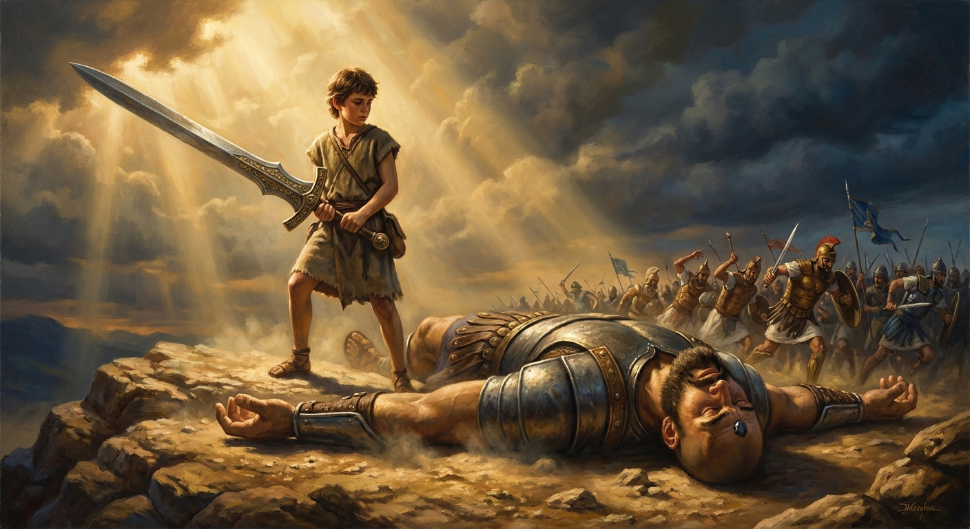 David draws the giant's own sword. The Philistine line breaks. The boy stands over what empires are made of.