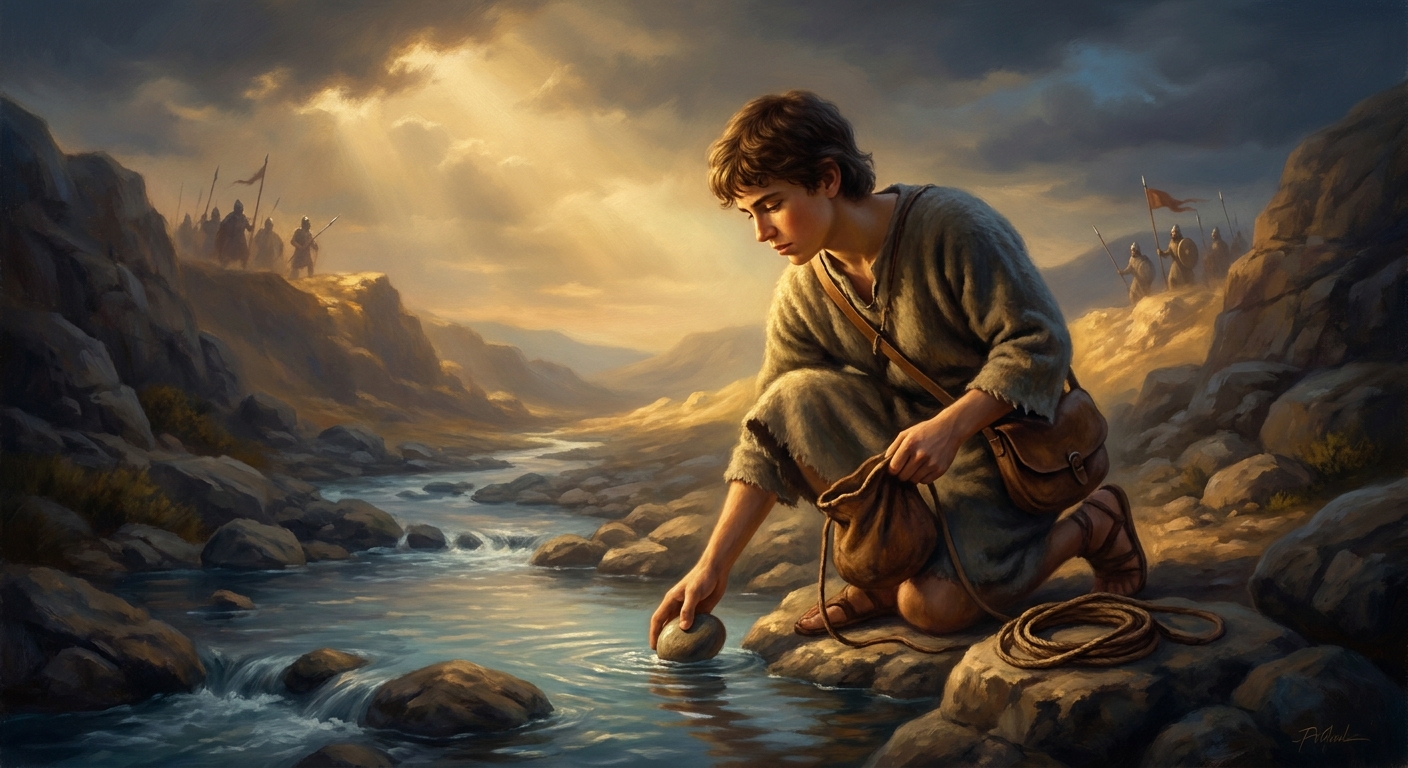 Five smooth stones from the brook at Elah — chosen by touch, pocketed with the calm of a boy who has already killed a lion.