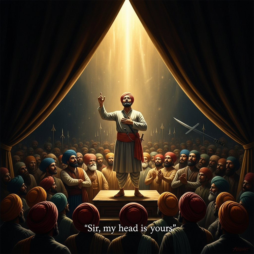Daya Ram, a shopkeeper from Lahore, stands up in the stunned silence and says: *Sir, my head is yours.* He climbs the platform. The tent flap closes. The crowd hears steel.