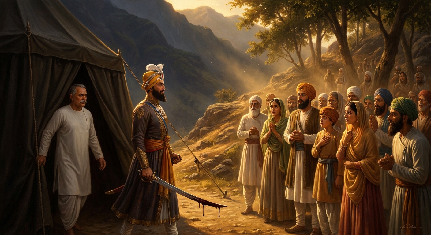 The first volunteer, Daya Ram, follows the Guru into a tent. The crowd hears the sword fall. The Guru emerges alone, his blade wet, and asks for another head.