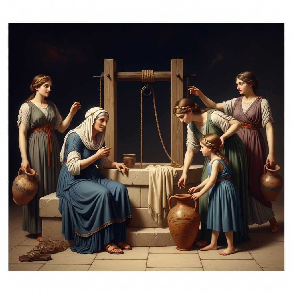 Demeter disguised as an old woman, seated at the well of Eleusis, while the daughters of Celeus approach with their water jars — the goddess unrecognized in her grief, accepting work as a nursemaid from the family that will remember her forever.
