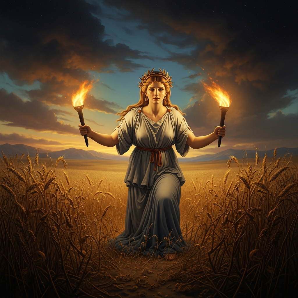 Demeter with a torch in each hand, searching the surface of the earth for nine days without eating or bathing — the goddess of grain in full divine mourning, the fields dying at her feet, the world watching a mother's grief become a weapon.