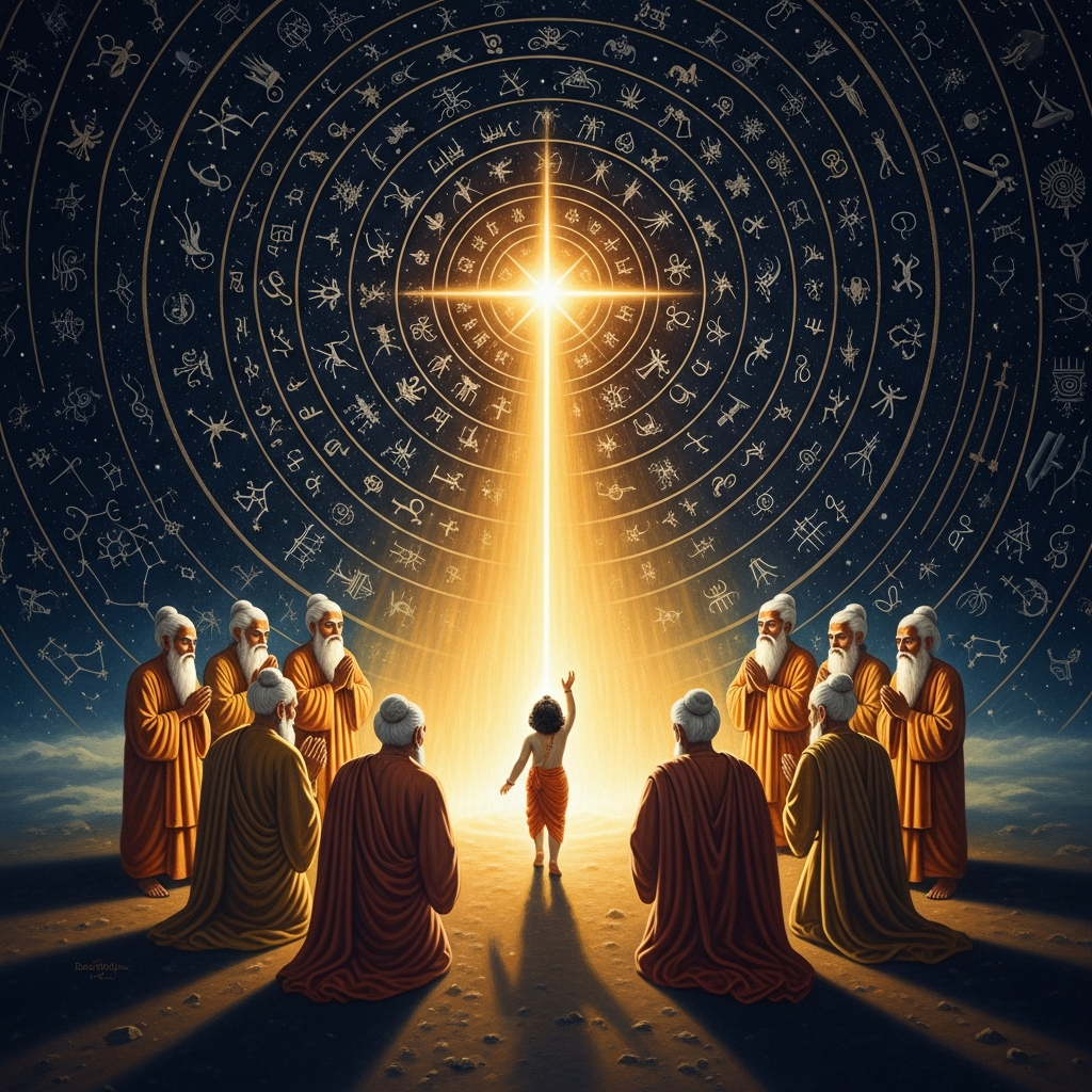 Dhruva rises to the Pole Star, the fixed point of the heavens, while the seven sages (Saptarishi) circle him in reverence and the great stars of every tradition wheel around the child who would not yield.