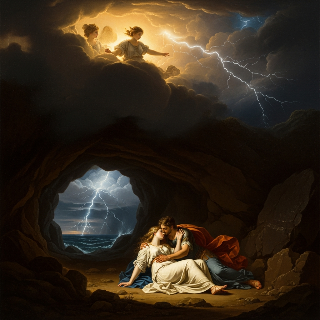 The cave in the storm: Dido and Aeneas alone while lightning tears the sky and Juno watches from the clouds.