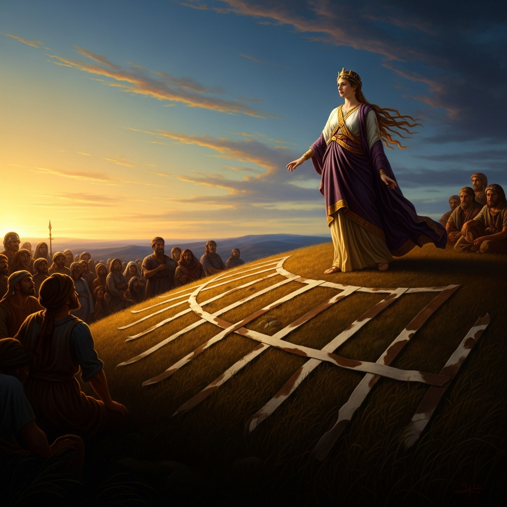 Dido on the North African hilltop, overseeing the laying of the ox-hide strips in a great arc across the ground. Her refugees watch from the slope below.