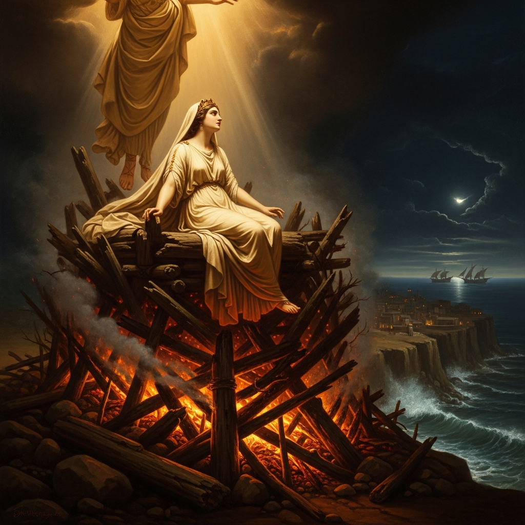 The pyre rises on Carthage's highest point. Dido stands on it, looking out to sea at the last sight of Aeneas's sails.
