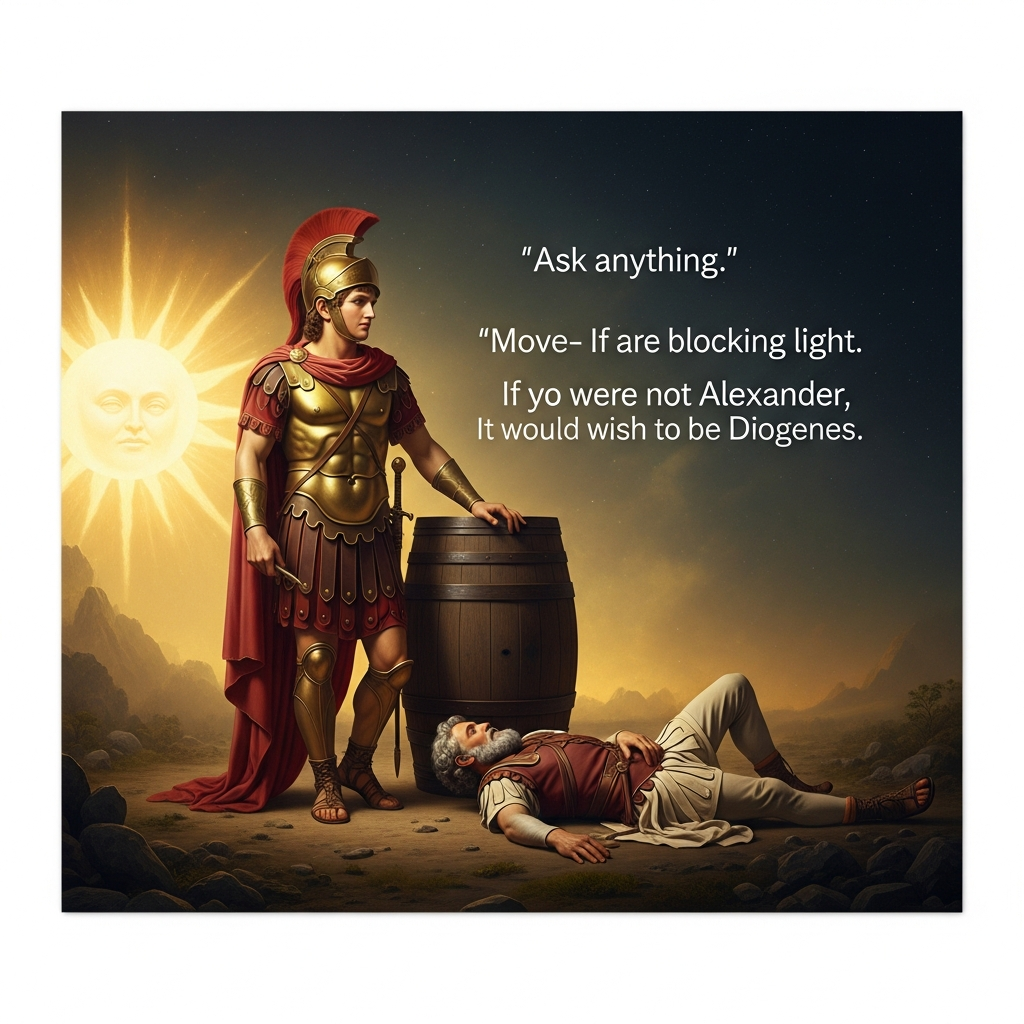 Alexander the Great stands before the barrel in full armor. Diogenes lies in the sun. 'Ask me anything.' 'Move — you are blocking my light.' Alexander turns to his generals and says: 'If I were not Alexander, I would wish to be Diogenes.'