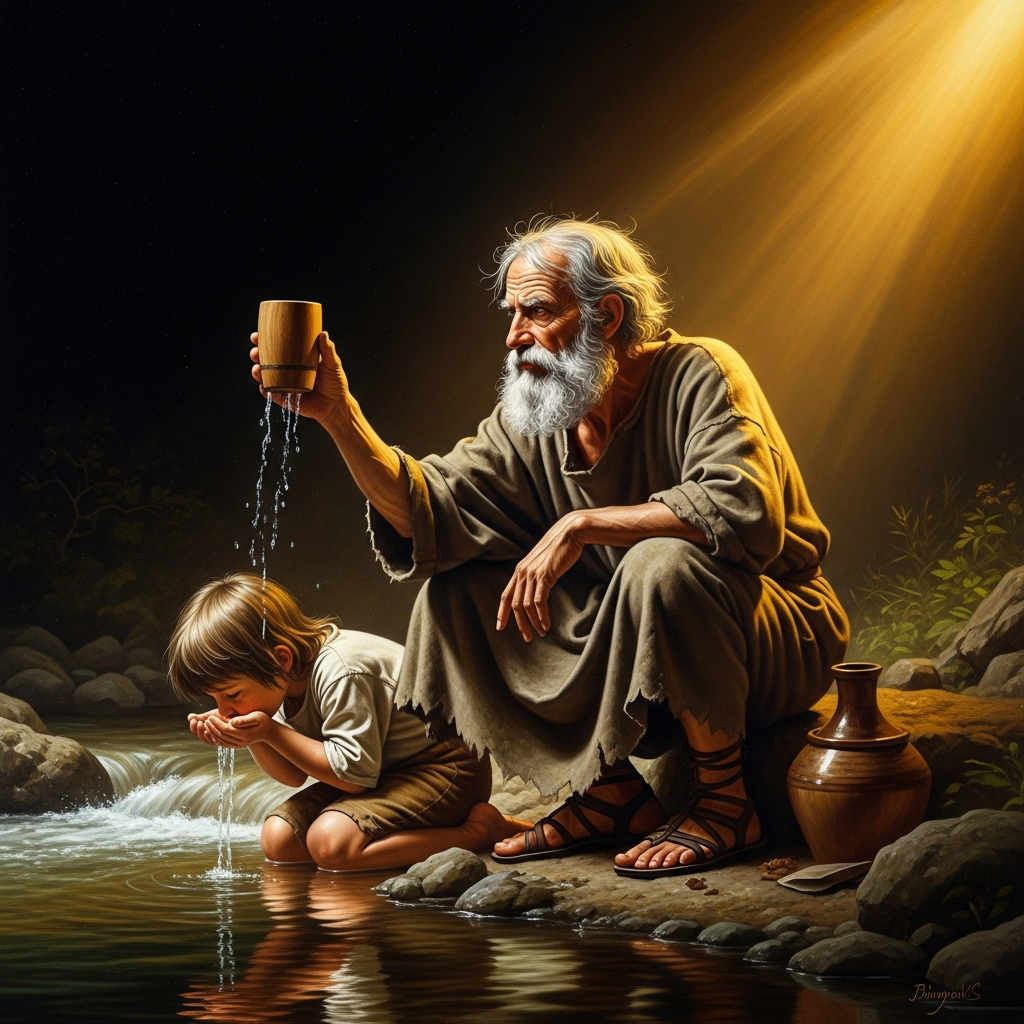 Diogenes crouches by a stream. A child cups his hands and drinks. Diogenes looks at his own wooden cup, then throws it away — the last thing he owned.