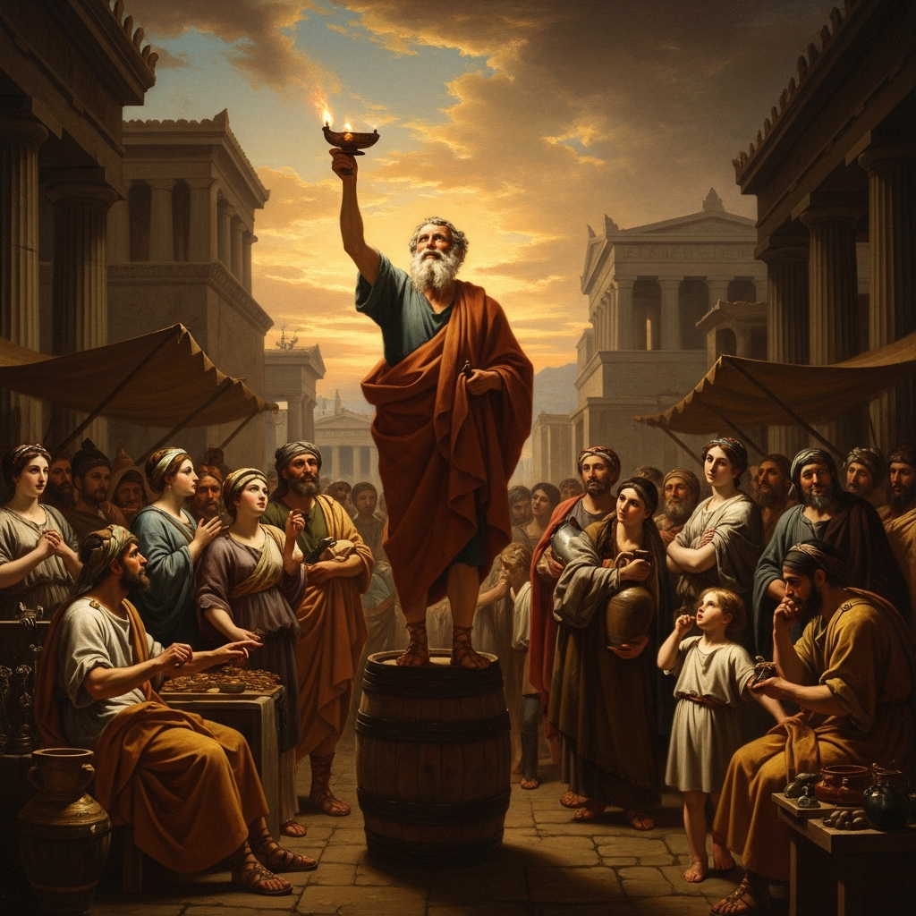 High noon in the agora: Diogenes holds the lamp aloft above the crowd, squinting into faces. The traders and citizens stop and stare. He keeps looking.