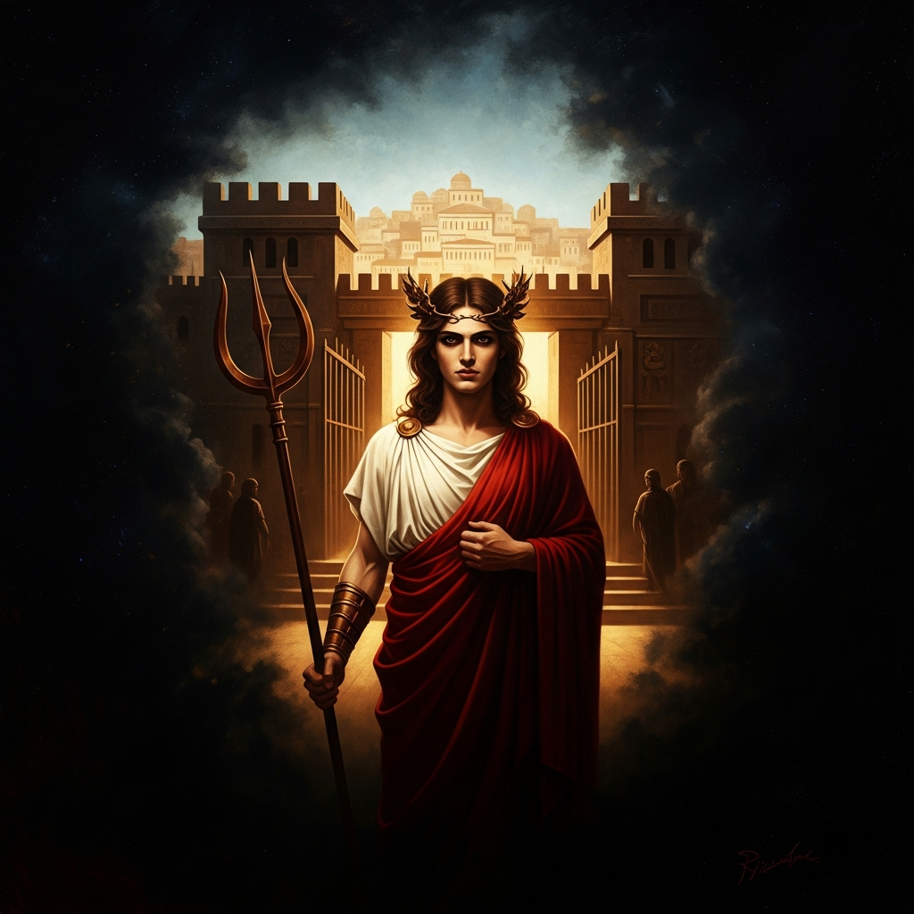 The stranger arrives at the gate of Thebes — long-haired, smiling, smelling of wine. Pentheus does not recognize the god of his own city.