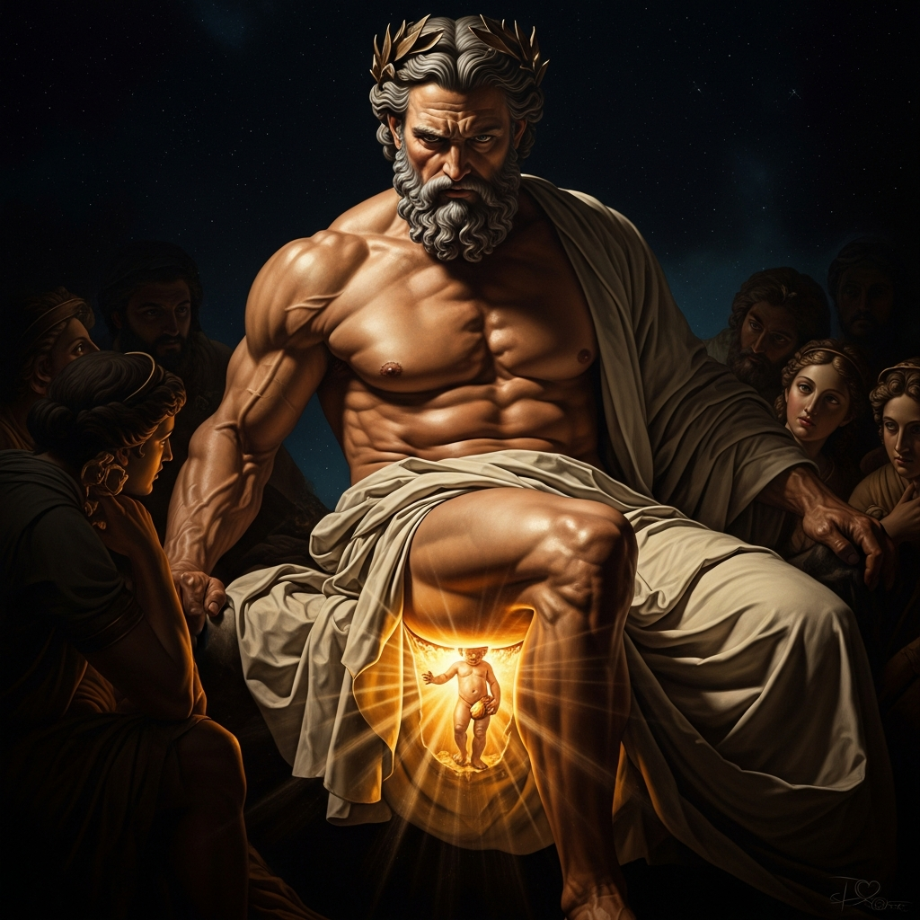 The birth of Dionysus from Zeus's thigh attended by the nymphs of Nysa: the twice-born god emerging into the world of gods and men, the bearer of wine and theater and the knowledge that what has been destroyed is not always destroyed.