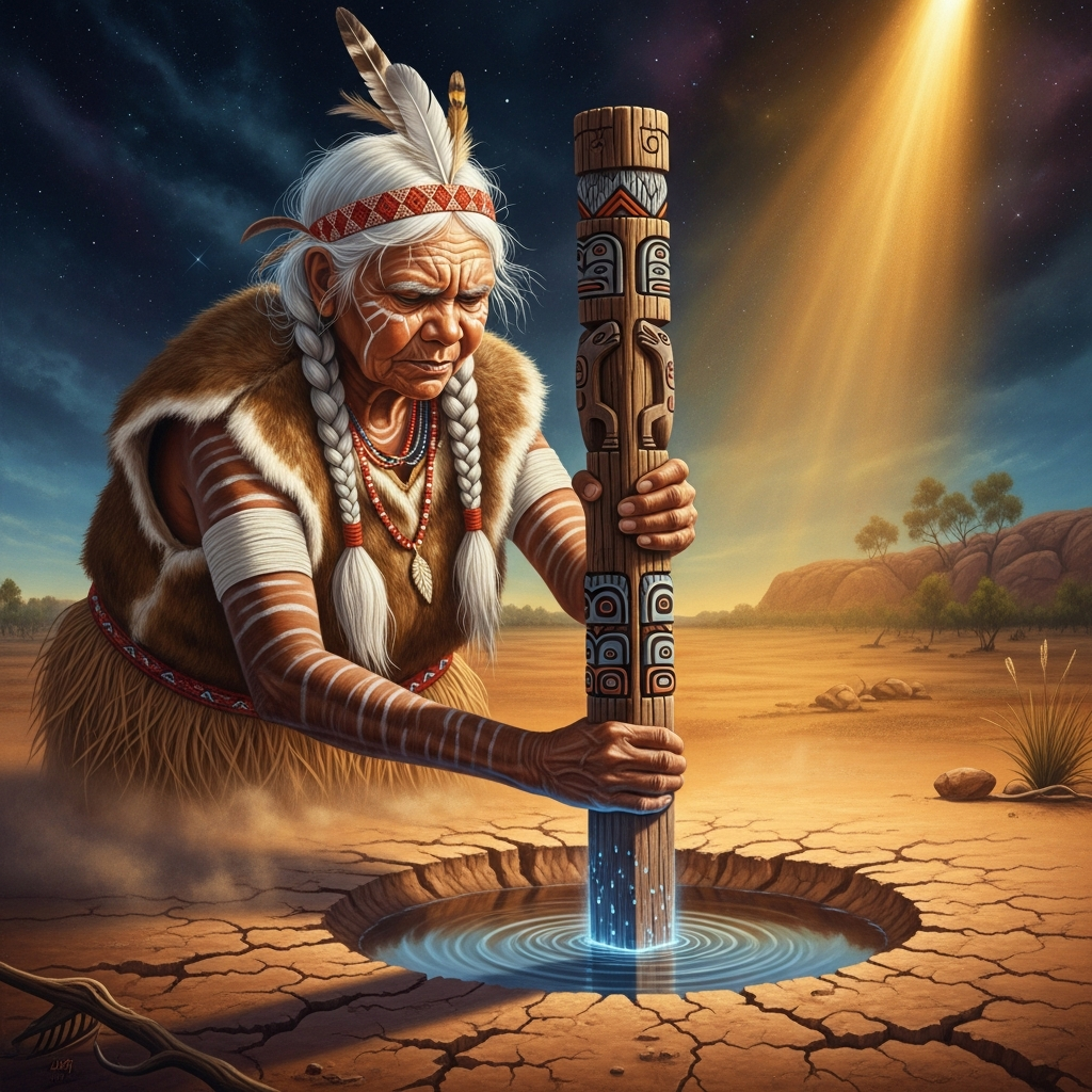 Mirijalku drives a sacred rangga post into the ground and the land trembles with recognition. Where it enters the earth, a waterhole opens. She names it. The name is the waterhole; the waterhole is the name.