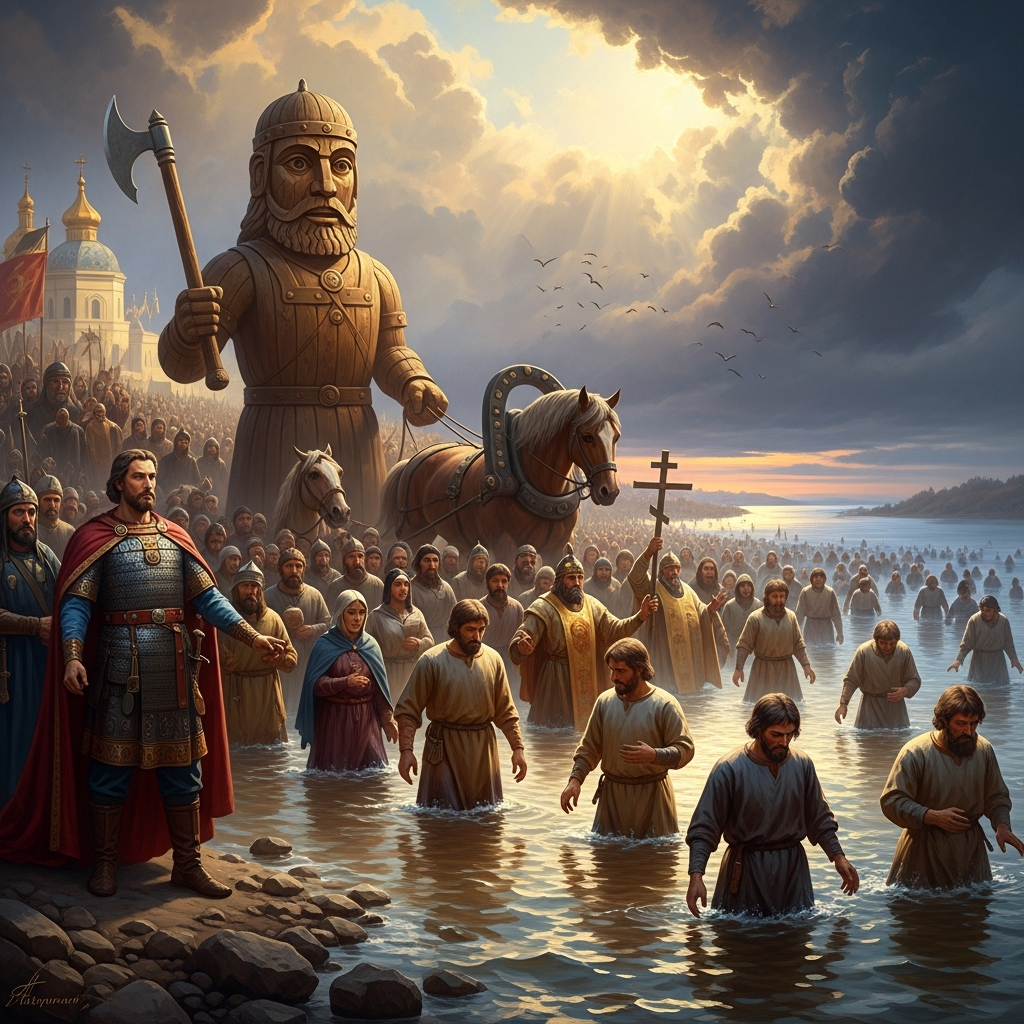 The Dnieper River, Kiev, 988 — Vladimir on the bank, the wooden idol of Perun being dragged through the streets behind a horse, thousands of Kievans wading into the cold river to be baptized