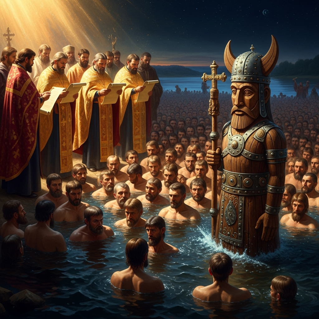 The Dnieper River, Kiev, summer 988 — thousands of Kievans in the river up to their chests, priests on the bank reading prayers, Perun's idol bobbing downstream past the rapids, never to return