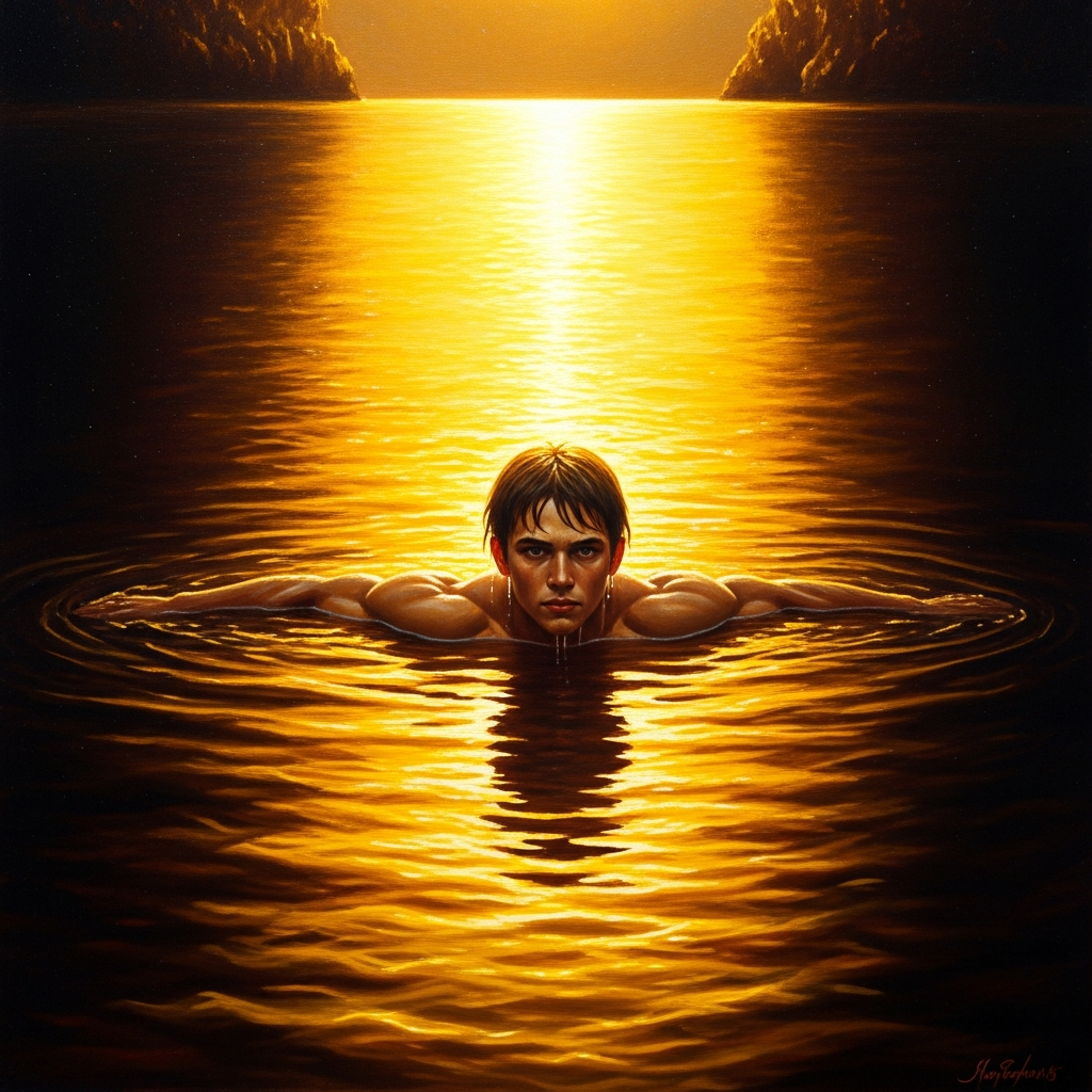 Dobrynya in the forbidden river — the Puchai running gold in the evening light, the young bogatyr swimming with the confidence of someone who has not yet been wrong about his own strength