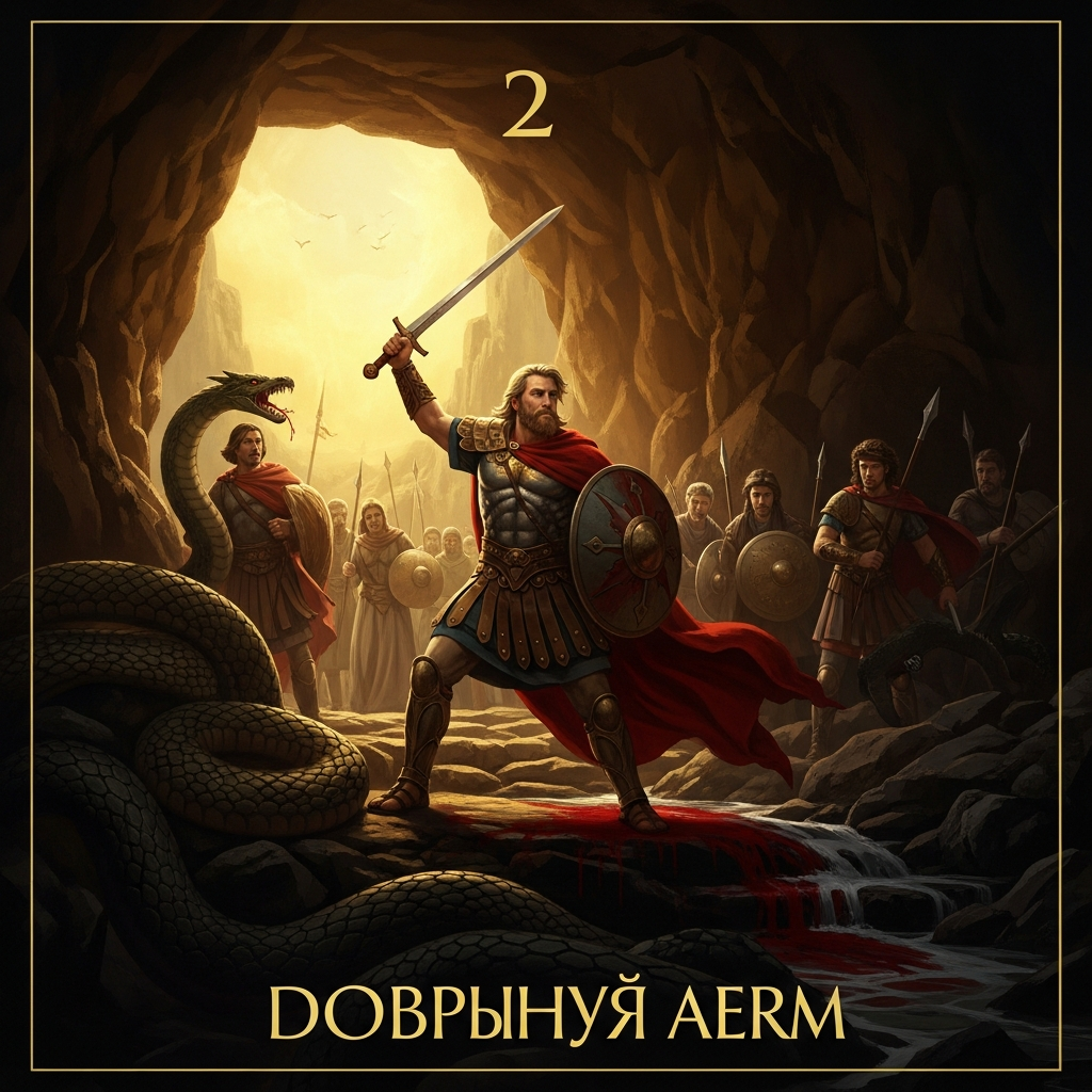 The second battle, properly armed — Dobrynya with his dragon-slaying sword at the threshold of the serpent's cave, the liberated captives behind him, the Serpent's blood running in rivers that threaten to drown the hero in his own victory