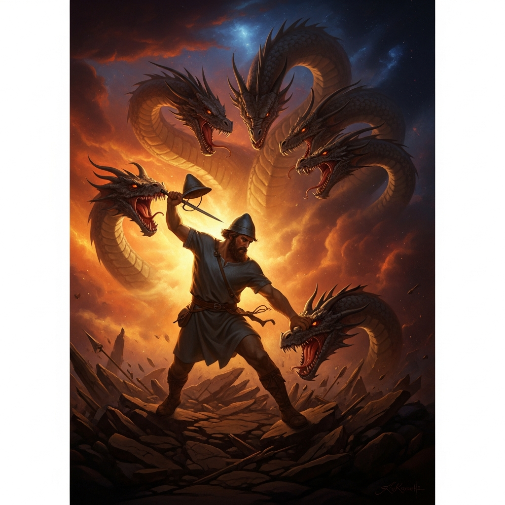 The first battle — Dobrynya beating Zmey Gorynych into the churned earth with a pilgrim's cap, three heads rearing against a burning sky, neither god nor hero yet knowing how this ends
