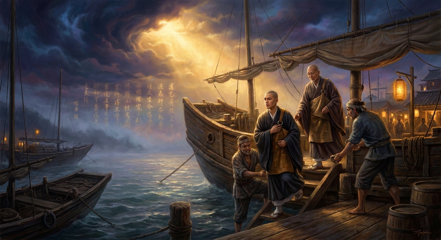 1223. He boards the ship at Hakata harbor with his teacher Myōzen. The horizon to the west is the question of the dharma's truth.