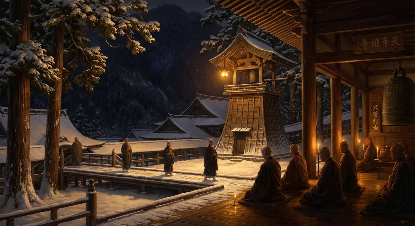 Eihei-ji in the Echizen mountains. Snow on the cedars. Just sitting, before the bell.