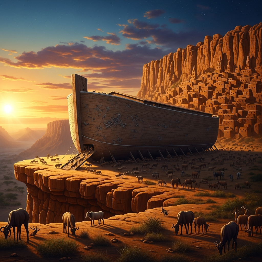 The ark touches earth at the Bandiagara Escarpment. The Dogon villages will be built into these cliffs, hung between sky and Sahel like a memory of the descent.