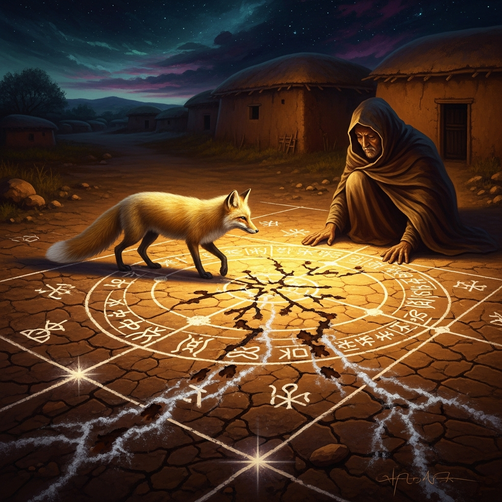 The pale fox walks the divination grid at the village edge, its tracks recording disorder overnight, the diviner reading in the morning what disorder has decided to say.