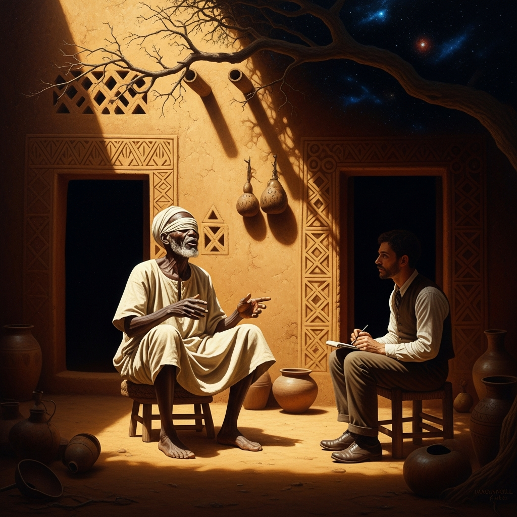 October 1946. Ogotemmêli, blind, sits in the shade of his courtyard and speaks the world into Marcel Griaule's notebook for thirty-three days.